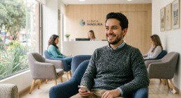 Paciente joven en sala de espera moderna esperando su cita médica rápida con Medicina Prepagada Innsura