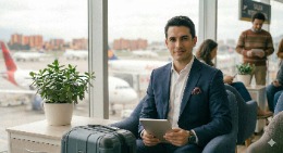 Hombre de negocios en aeropuerto con tablet representando la cobertura médica internacional de medicina prepagada